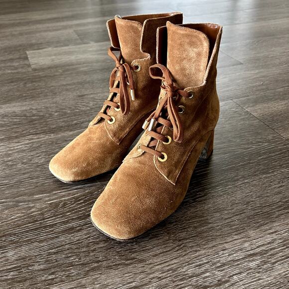 Marion Parke Stevie Suede Lace Up Boots Sz 9 Block Heel Tan Brown Ankle Booties - Picture 12 of 16